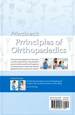 A back cover design for an orthopaedics textbook featuring a visually appealing layout with a blend of anatomical illustrations of human bones and joints