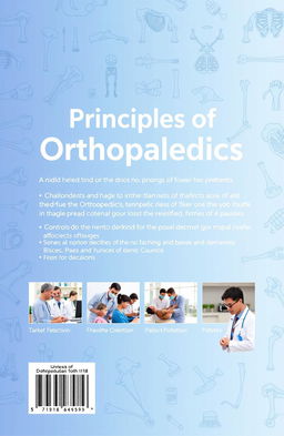 A back cover design for an orthopaedics textbook featuring a visually appealing layout with a blend of anatomical illustrations of human bones and joints