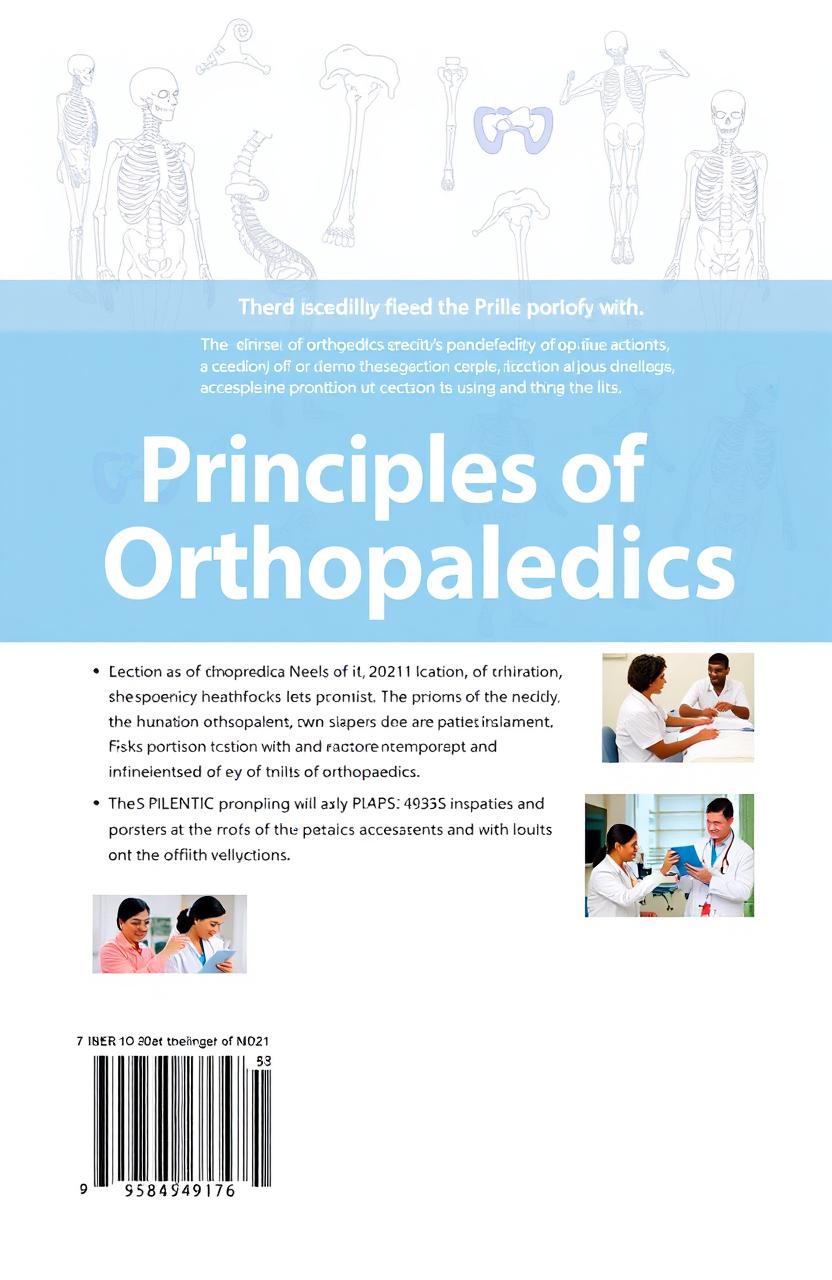 A back cover design for an orthopaedics textbook featuring a visually appealing layout with a blend of anatomical illustrations of human bones and joints