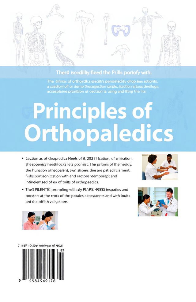 A back cover design for an orthopaedics textbook featuring a visually appealing layout with a blend of anatomical illustrations of human bones and joints