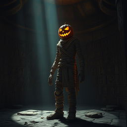 A dark, eerie pyramid interior with stone walls adorned with ancient hieroglyphics