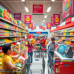 A vibrant and dynamic scene of a supermarket filled with colorful products, where shoppers are energetically interacting with items