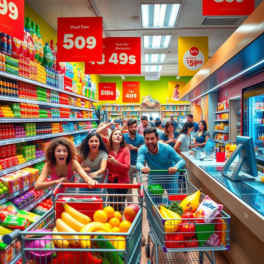 A vibrant and dynamic scene of a supermarket filled with colorful products, where shoppers are energetically interacting with items