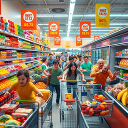 A vibrant and dynamic scene of a supermarket filled with colorful products, where shoppers are energetically interacting with items