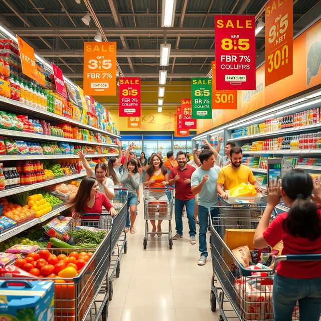 A vibrant and dynamic scene of a supermarket filled with colorful products, where shoppers are energetically interacting with items