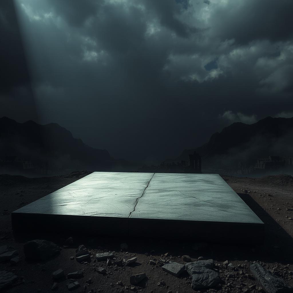 A dramatic, post-apocalyptic landscape featuring a large, rectangular platform made of dark, metallic material with a rough, textured surface