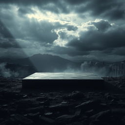 A dramatic, post-apocalyptic landscape featuring a large, rectangular platform made of dark, metallic material with a rough, textured surface