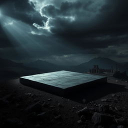 A dramatic, post-apocalyptic landscape featuring a large, rectangular platform made of dark, metallic material with a rough, textured surface