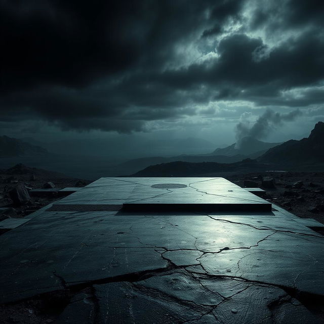 A dramatic, post-apocalyptic landscape featuring a large, rectangular platform made of dark, metallic material with a rough, textured surface