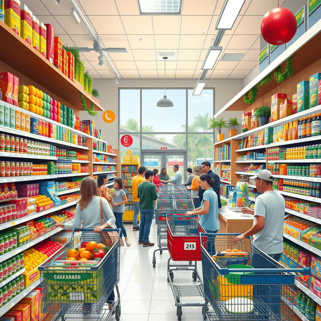 A vibrant and detailed supermarket scene bustling with activity