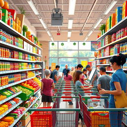 A vibrant and detailed supermarket scene bustling with activity