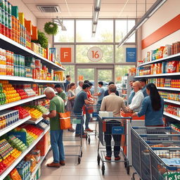 A vibrant and detailed supermarket scene bustling with activity