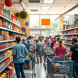 A vibrant and detailed supermarket scene bustling with activity