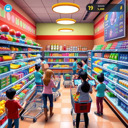 A vibrant and engaging scene showing a supermarket simulator game interface, featuring a colorful layout of grocery shelves stocked with diverse products such as fruits, vegetables, snacks, and beverages