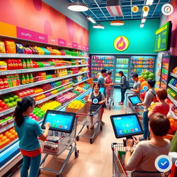 A vibrant and engaging scene showing a supermarket simulator game interface, featuring a colorful layout of grocery shelves stocked with diverse products such as fruits, vegetables, snacks, and beverages