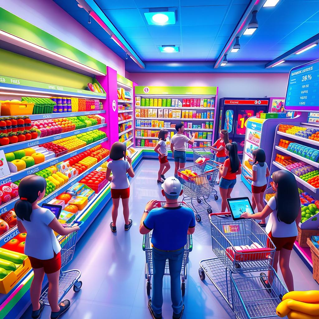 A vibrant and engaging scene showing a supermarket simulator game interface, featuring a colorful layout of grocery shelves stocked with diverse products such as fruits, vegetables, snacks, and beverages