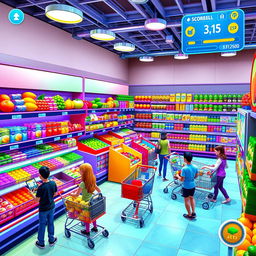 A vibrant and engaging scene showing a supermarket simulator game interface, featuring a colorful layout of grocery shelves stocked with diverse products such as fruits, vegetables, snacks, and beverages