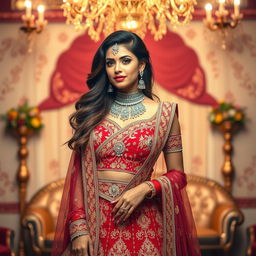 A glamorous crossdresser elegantly wearing a traditional Indian lehenga