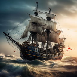 A magnificent pirate ship in full sail cutting through the ocean waves, proudly displaying its fearsome Jolly Roger flag.