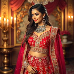 A glamorous crossdresser elegantly wearing a traditional Indian lehenga