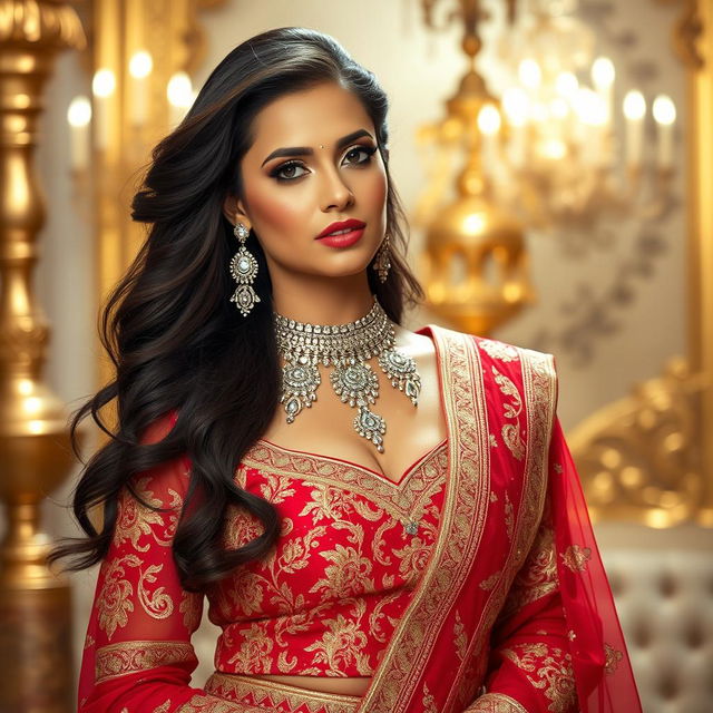 A glamorous crossdresser elegantly wearing a traditional Indian lehenga