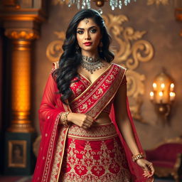 A glamorous crossdresser elegantly wearing a traditional Indian lehenga