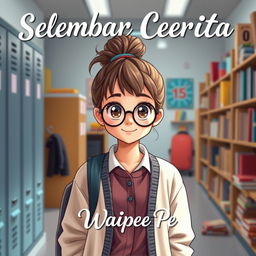 A teenage girl who embodies the classic bookworm character, standing in a high school environment filled with books and school supplies