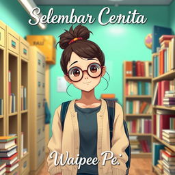 A teenage girl who embodies the classic bookworm character, standing in a high school environment filled with books and school supplies