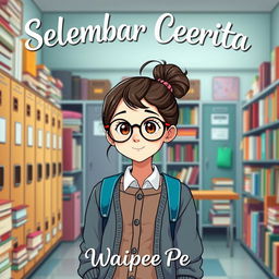 A teenage girl who embodies the classic bookworm character, standing in a high school environment filled with books and school supplies