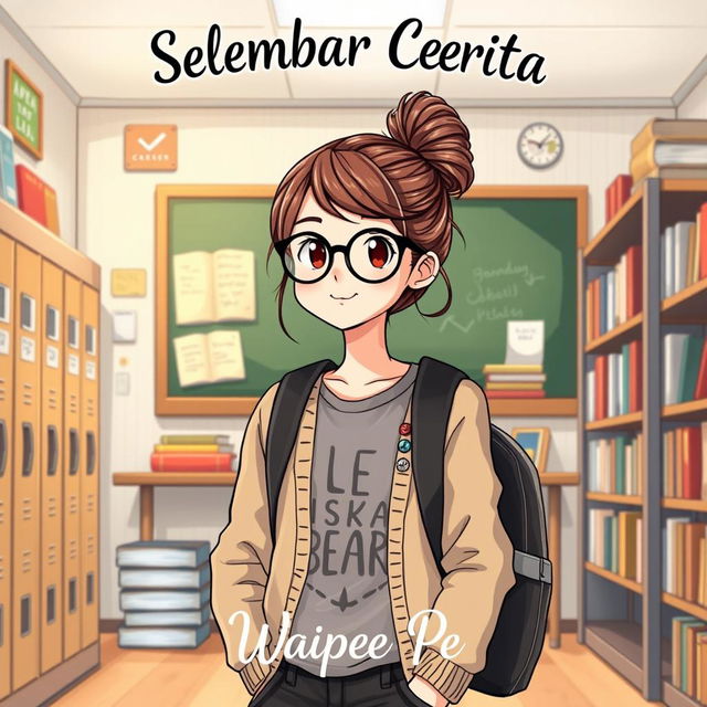 A charming illustration of a teenage girl who represents the quintessential bookworm, set against a lively high school backdrop