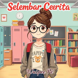 A charming illustration of a teenage girl who represents the quintessential bookworm, set against a lively high school backdrop