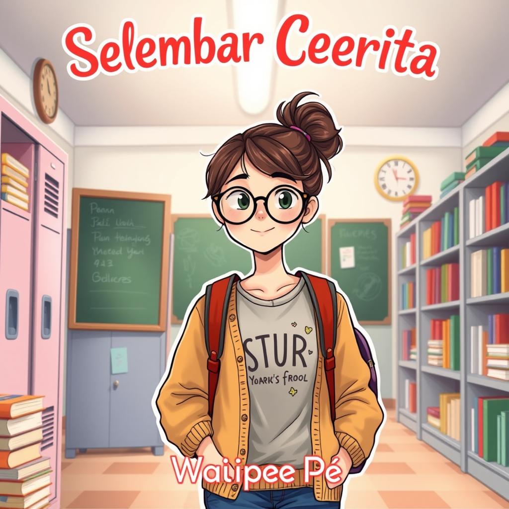 A charming illustration of a teenage girl who represents the quintessential bookworm, set against a lively high school backdrop