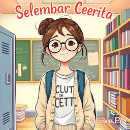 A charming illustration of a teenage girl who represents the quintessential bookworm, set against a lively high school backdrop