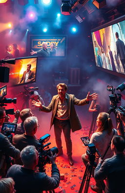 A vivid dream sequence showcasing a film director passionately orchestrating a film production in a dramatic setting