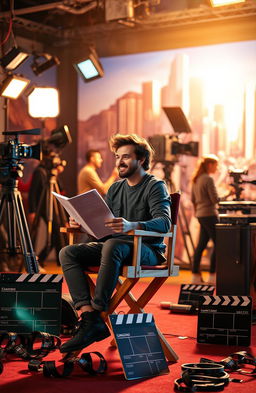 A creative and inspiring scene depicting a passionate individual sitting in a director's chair on a film set