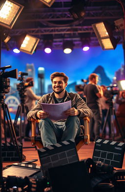 A creative and inspiring scene depicting a passionate individual sitting in a director's chair on a film set