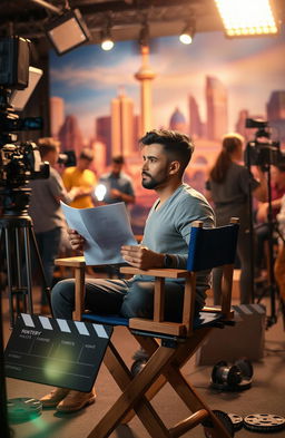 A creative and inspiring scene depicting a passionate individual sitting in a director's chair on a film set