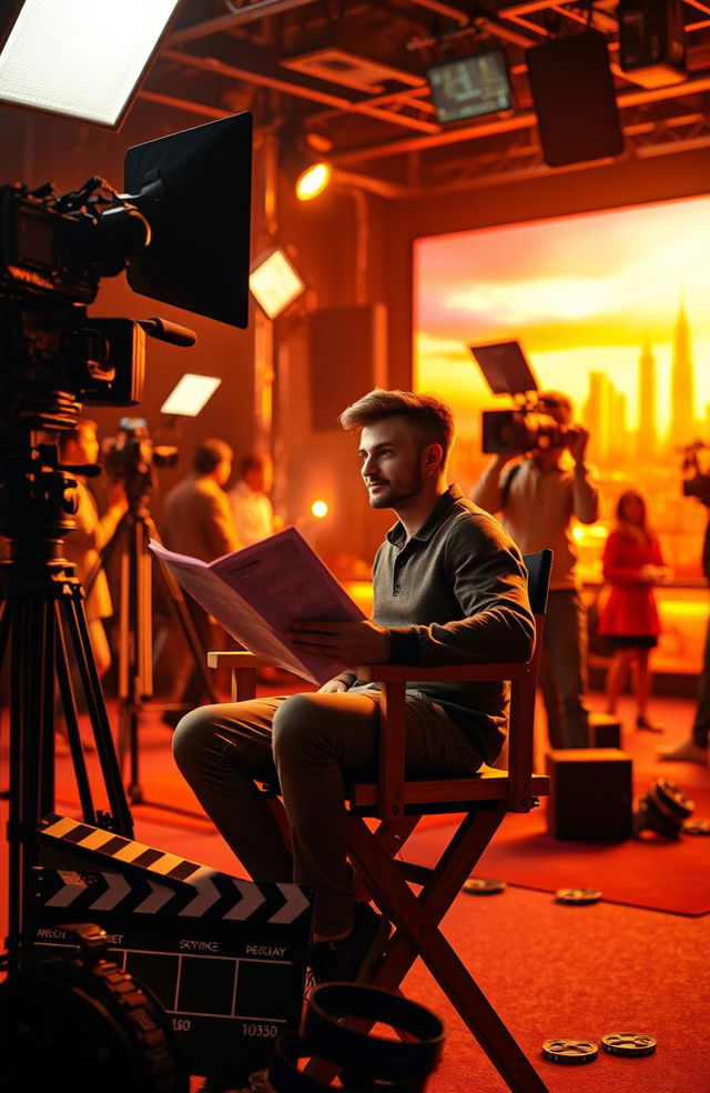 A creative and inspiring scene depicting a passionate individual sitting in a director's chair on a film set