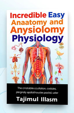 A captivating book cover design for "Incredible Easy Anatomy and Physiology" by Tajimul Islam, featuring vibrant illustrations of the human body, showcasing various systems like circulatory, respiratory, and nervous systems