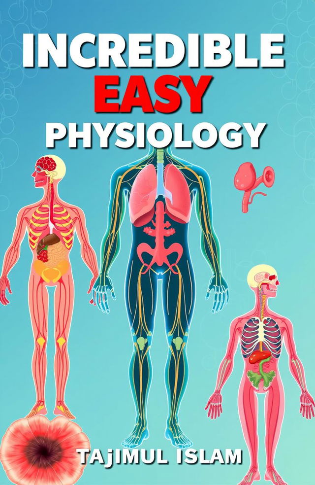 A captivating book cover design for "Incredible Easy Anatomy and Physiology" by Tajimul Islam, featuring vibrant illustrations of the human body, showcasing various systems like circulatory, respiratory, and nervous systems