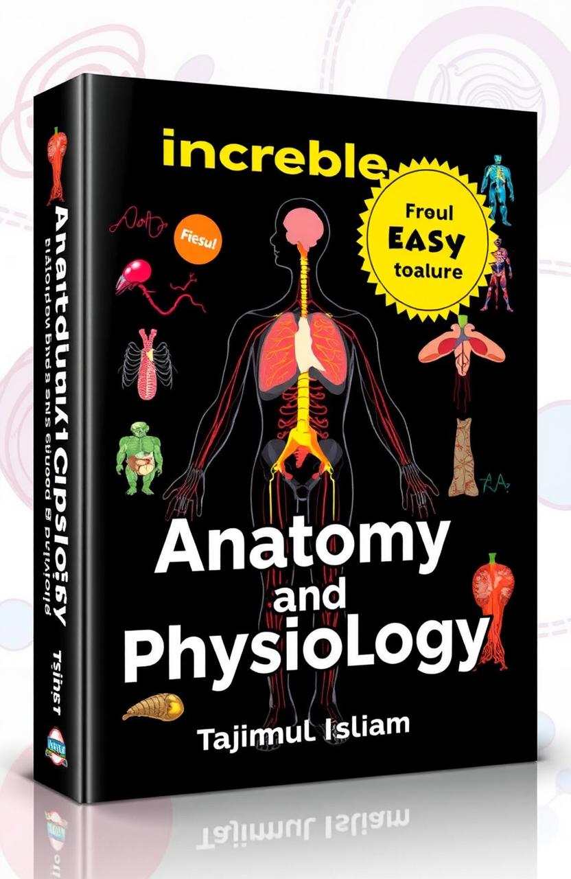 A captivating book cover design for "Incredible Easy Anatomy and Physiology" by Tajimul Islam, featuring vibrant illustrations of the human body, showcasing various systems like circulatory, respiratory, and nervous systems