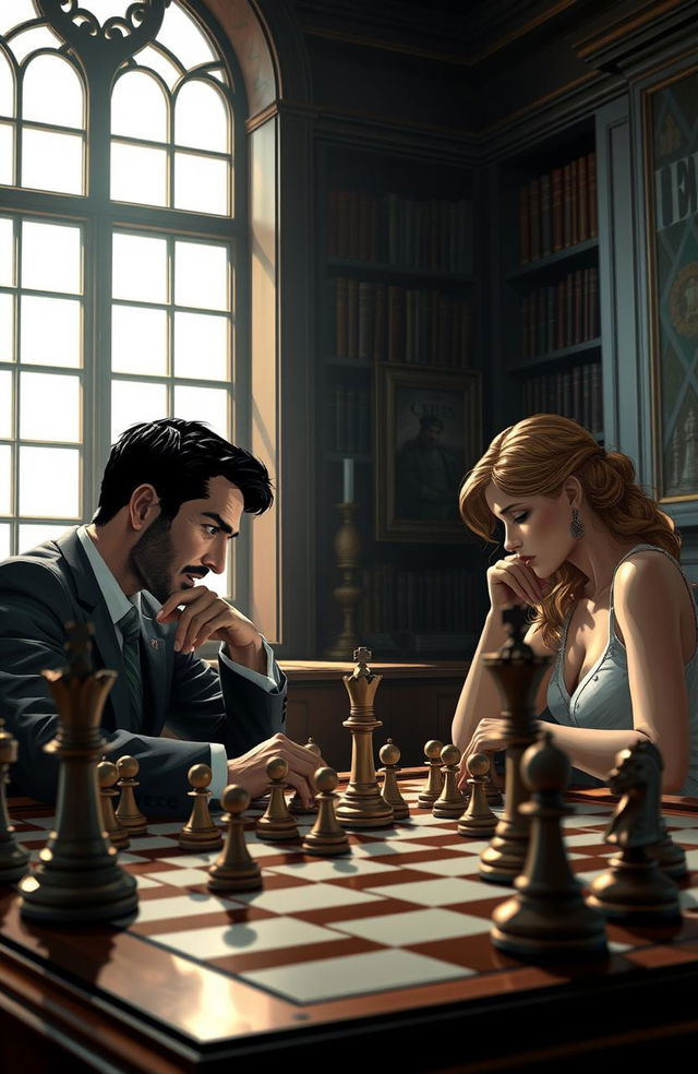 A conceptual illustration of the game of chess, depicting the strategic minds behind the pieces