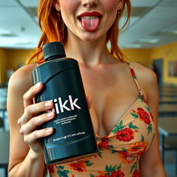 Close-up on the chest and torso of a gorgeous female redhead wearing a floral pattern sundress, showcasing a large bust with a hint of cleavage