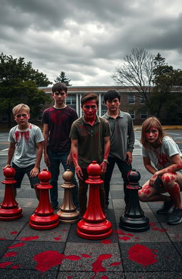Five young men and two girls on a schoolyard, arranged like chess pieces