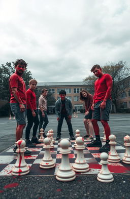 Five young men and two girls on a schoolyard, arranged like chess pieces