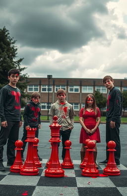 Five young men and two girls on a schoolyard, arranged like chess pieces