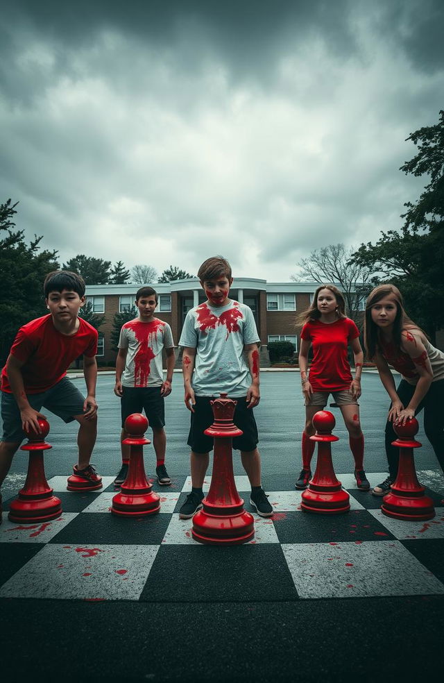 Five young men and two girls on a schoolyard, arranged like chess pieces