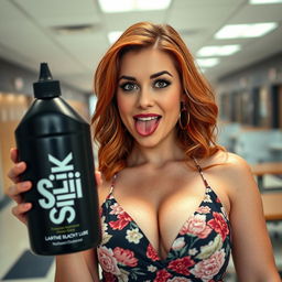 A close-up shot focusing on a gorgeous female redhead with a stunning floral pattern sundress that accentuates her large chest and ample cleavage