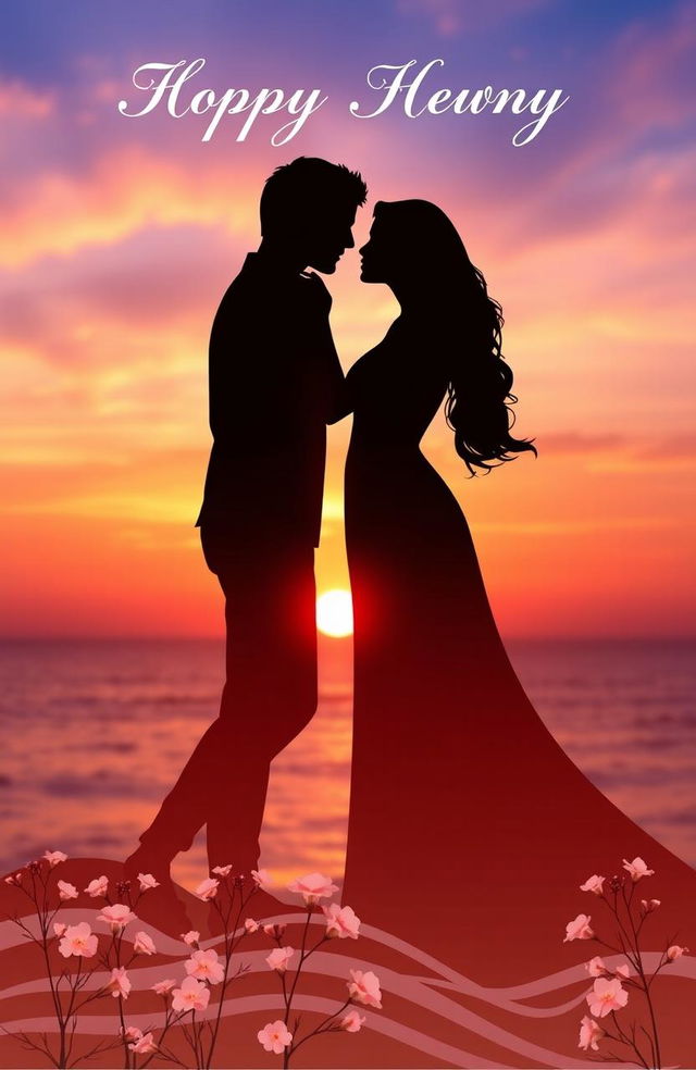 A beautiful silhouette book cover featuring two figures in a loving embrace, set against a stunning sunset background