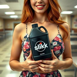 A close-up torso shot of a gorgeous redhead woman in a floral pattern sundress, accentuating her large chest and visible cleavage